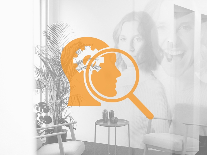 Coopers Expert Search Icon of head with a magnifying glass pointed at the icon.